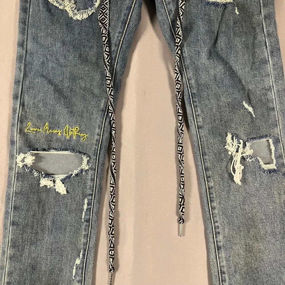 Lifted Anchors Mens 32 Distressed Jeans Customized Tribal Belt LFOD Blue Denim
